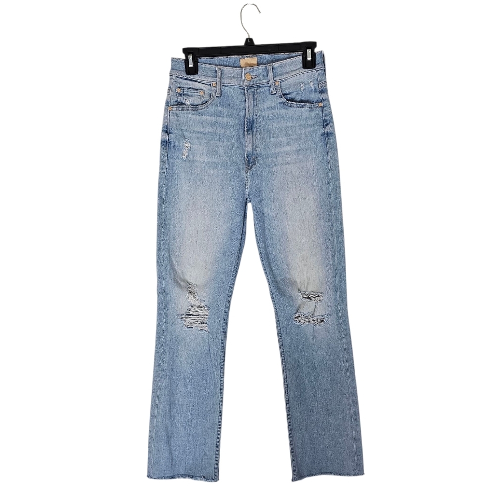 MOTHER High Waisted Rider‎ Ankle Fray Straight Leg Blue Distressed Jeans 27